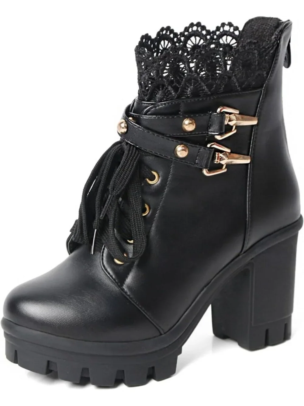 Women's Black Microfiber High Chunky Heel Lace Buckle Combat Ankle Booties